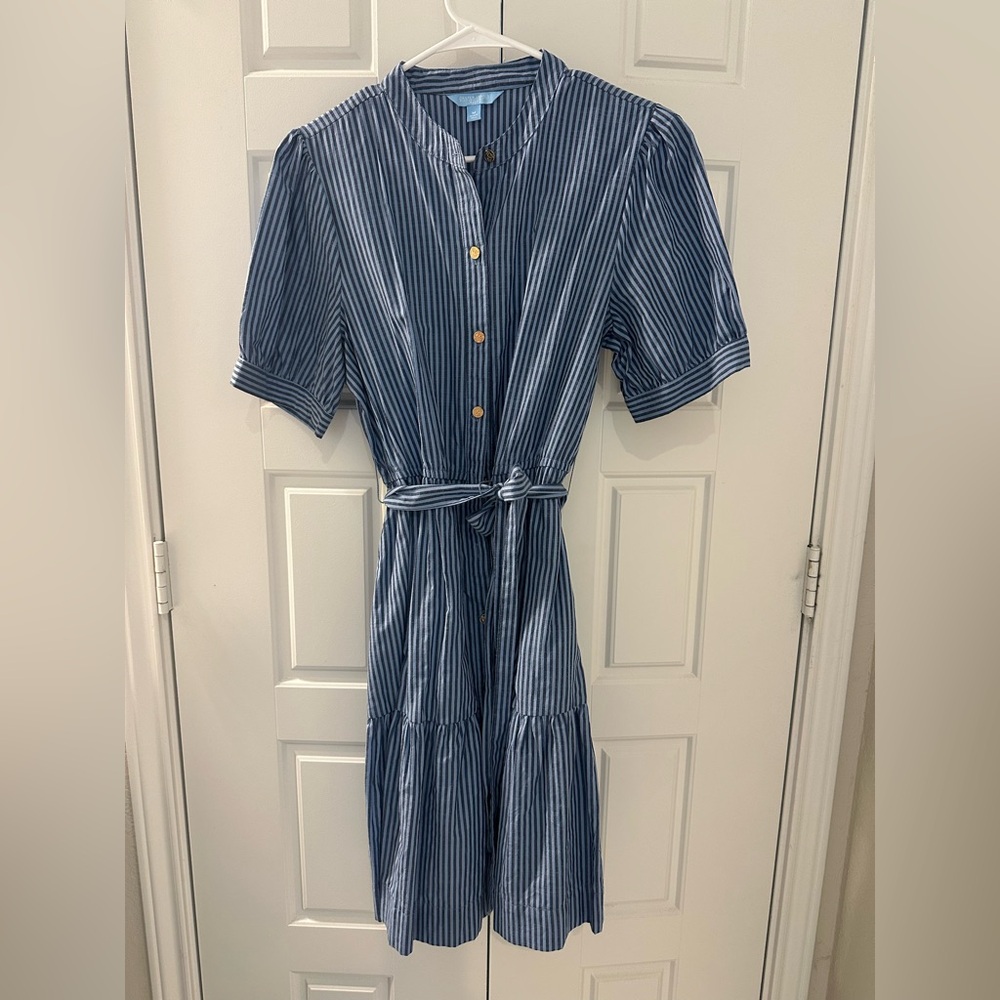 Draper James blue striped dress, puffed sleeves, belt
